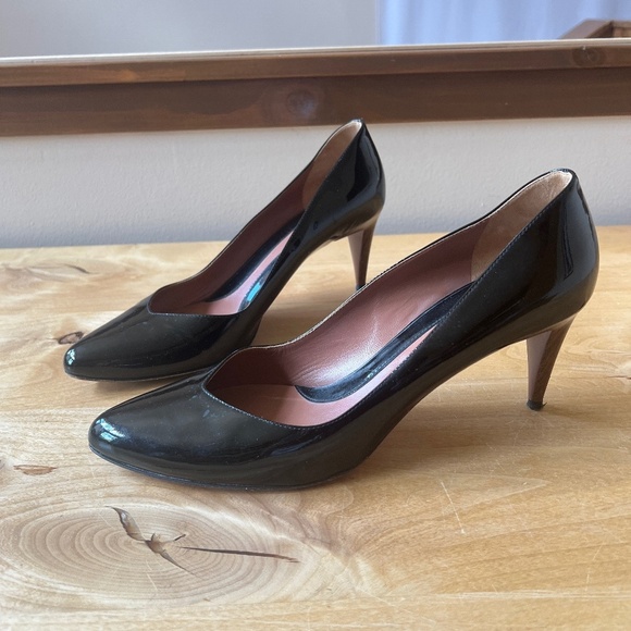 SPORTMAX HEELS PUMPS 40-9 BLACK PATENT LEATHER WOOD HEEL CAREER CLASSIC CHIC - Picture 1 of 12